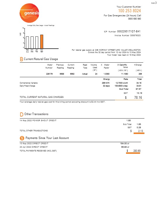 New Zealand Genesis Gas utility bill 3 pages PSD template
